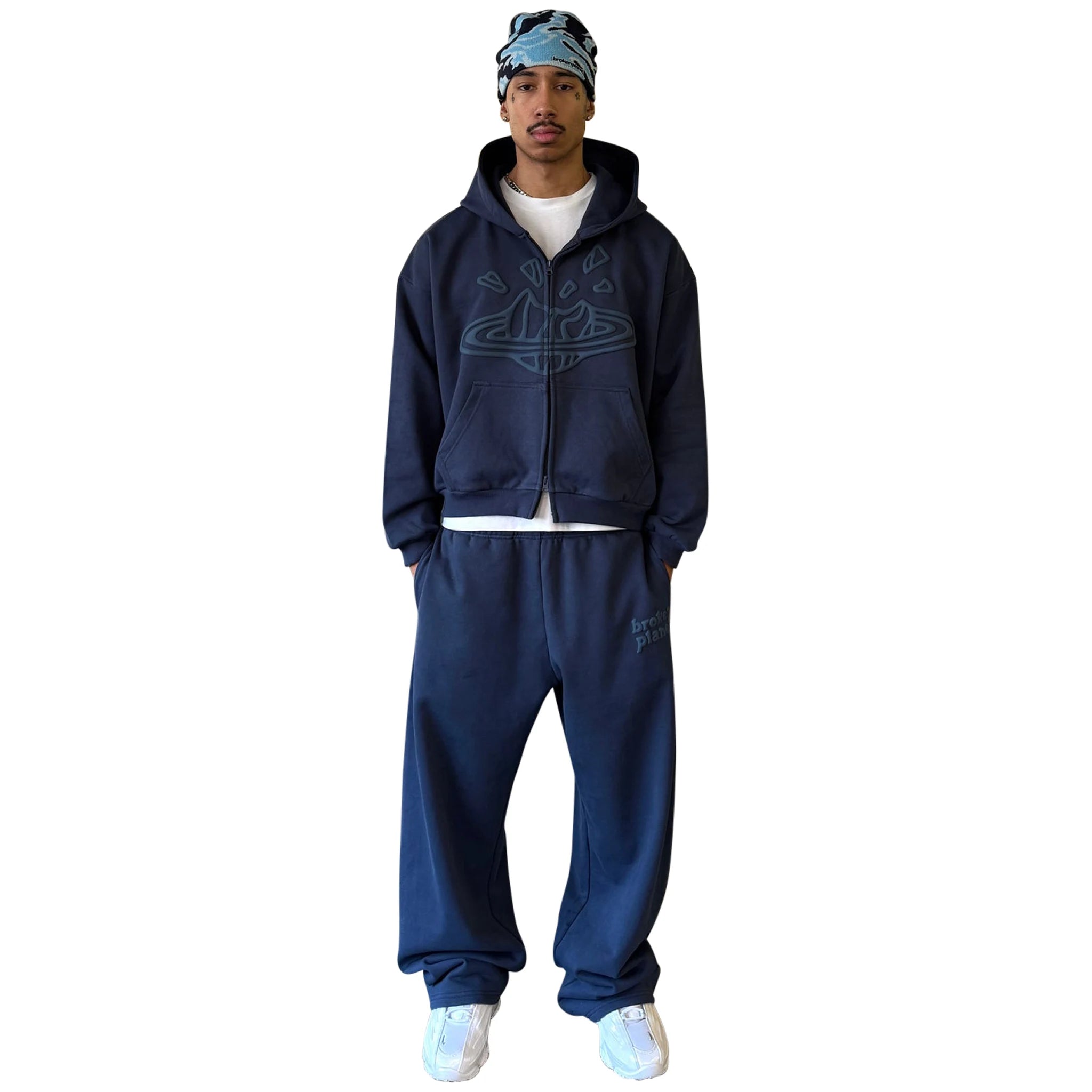 Model front view of Broken Planet Zip-Up Deep Navy Hoodie BP-J25-ZUH-D_NAVY